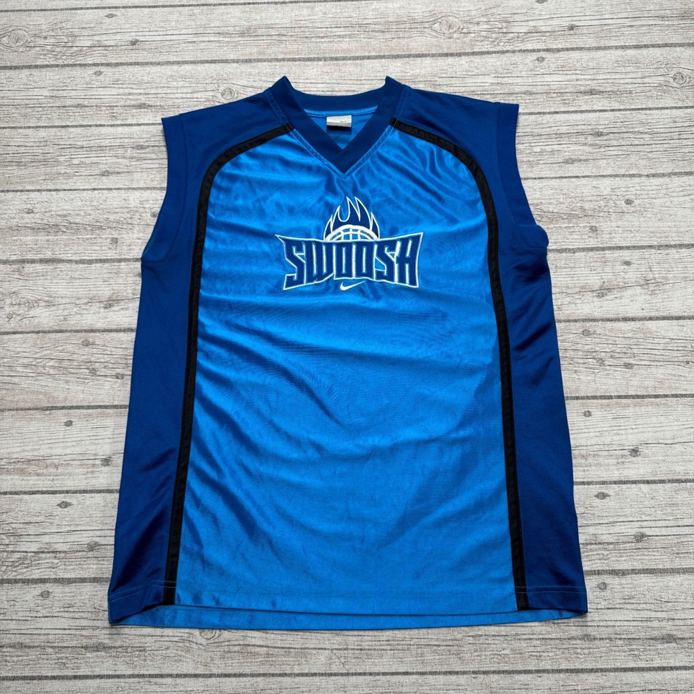 Y2K Nike Basketball Jersey Men's XL Blue Swoosh Gym Sleeveless V-Neck Silver Tag